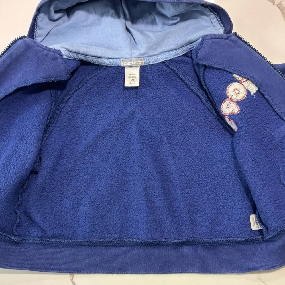 Carter's Infant Baby Blue Hoops Full Zip Hoodie Pockets Size 6M Embroidered